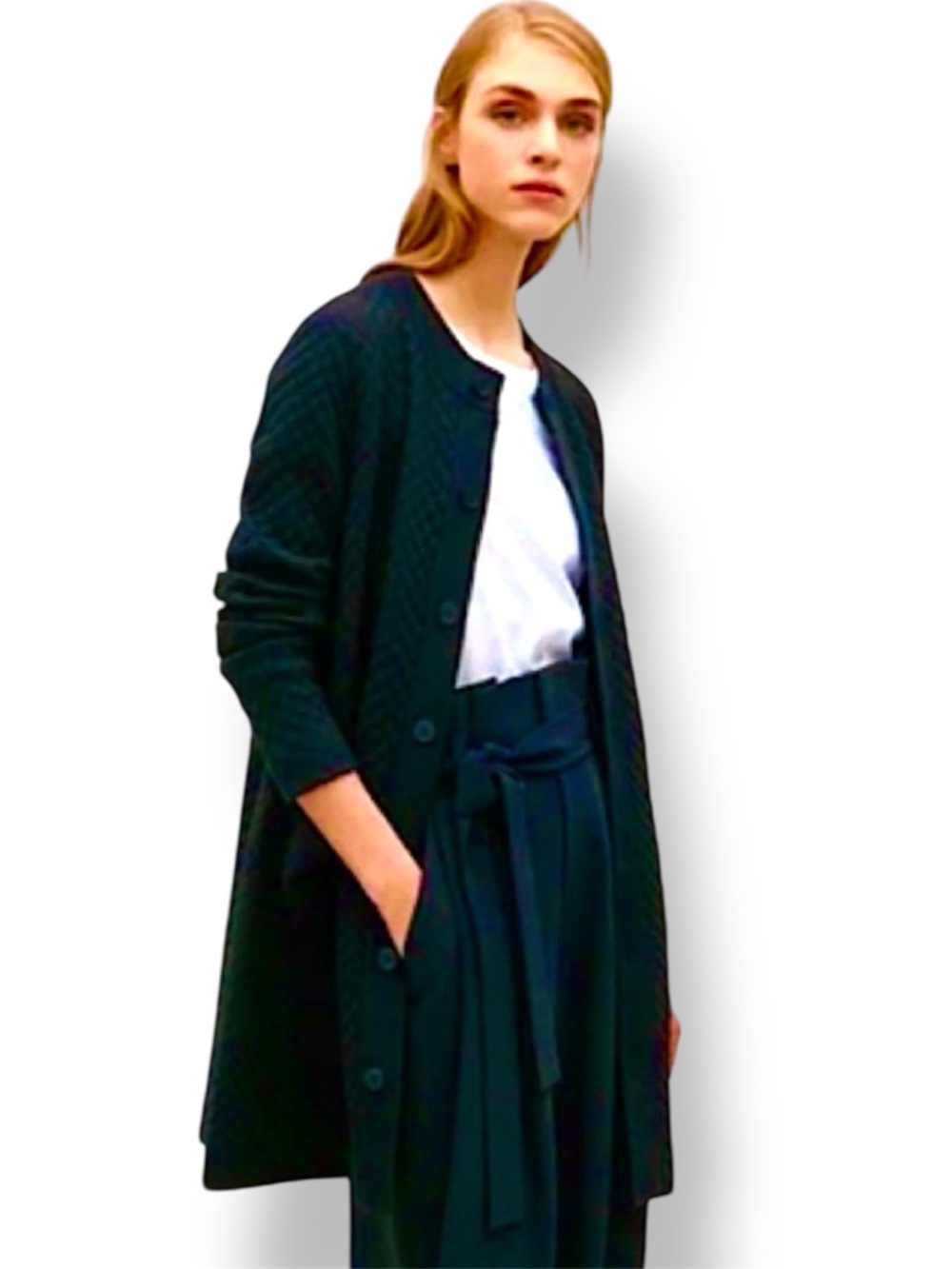 COS Emerald Green Cotton/Nylon Blend Button Front Textured Cardigan Dress Sz XS